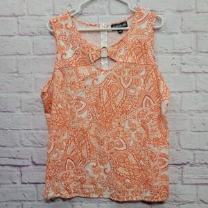 Harper 241 Orange Paisley Tank Top L Linen Blend Keyhole O-Ring Y2K Boho Retro